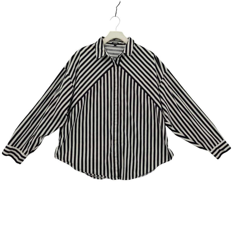 Express Womens Dark Academia Mod Boyfriend Portofino Shirt L Black White Stripe